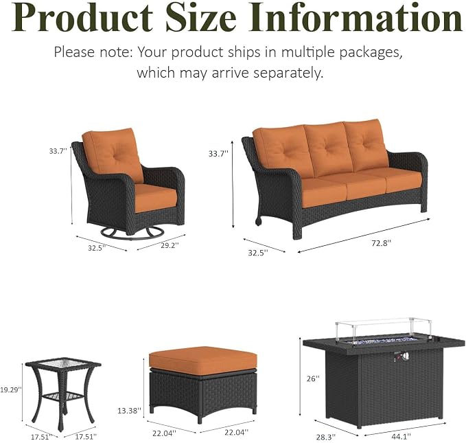 LayinSun 7 Piece Wicker Outdoor Furniture Set with 6-inch Comfy Cushions, High Back Patio Furniture Set with Swivel Rocking Chairs and Fire Pit Table