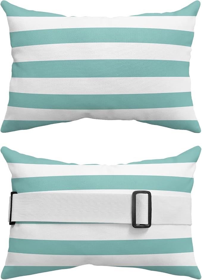 T&H XHome Outdoor Pillow for Chaise Lounge Chair, Teal Geometric Stripes Waterproof Headrest Pillow Lumbar Pillows with Adjustable Elastic Strap for Beach, Poolside, Patio, Office (1 Pack)