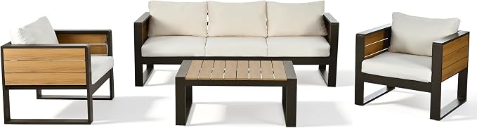 Merax Large 4-Piece Outdoor Patio Furniture Set for 5 Person, 3-Seater Sofa, 2 Armchairs with Fold-Out Side Tables, Aluminum Frame & Plastic-Wood, Modern Garden/Patio Seating, White Cushions
