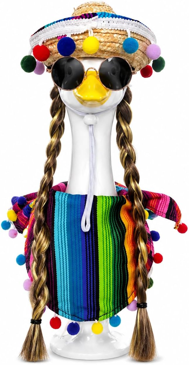 Porch Goose Mexican Outfits Wigs Brown 4 Pieces Porch Goose Mexican Fiesta Outfits with Brown Wigs Outdoor Decor for Lawn Goose Statues