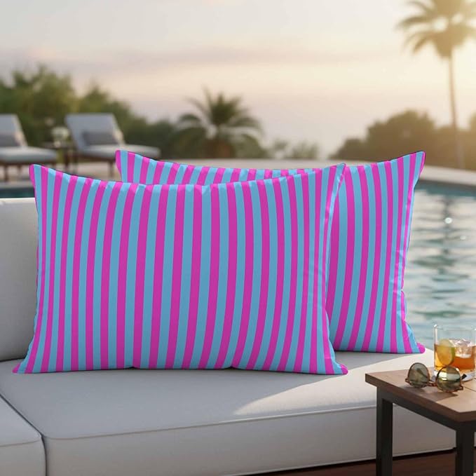 Lumbar Pillow Covers 20x12 Inch Set of 2, Purple Striped Waterproof Outdoor Cushion Covers, Geometric Pink Vertical Solid Rainbow Decorative Pillowcases for Couch, Sofa, Bed, Garden, Patio