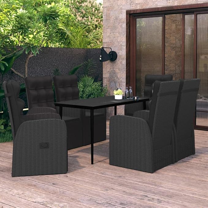7-Piece PE Rattan Patio Dining Set with Reclining Chairs, Black | Includes 6 cushioned chairs and 1 dining table, designed for outdoor use in backyards, decks, and poolsides.