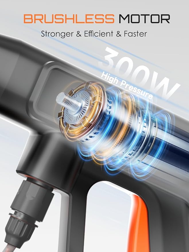 Cordless Portable Washer, Brushless Battery Operated, Lightweight Washer Gun with 6-in-1 Nozzle & 17FT Hose, Foam Pot, Storage Bag; Handheld Power Cleaner for Car, Driveway, Garden, Patio & Fence