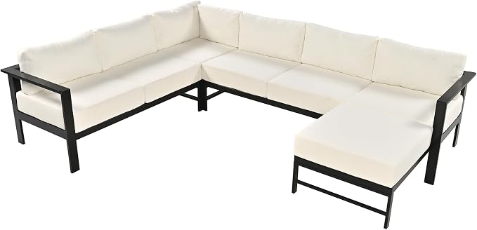 JIVOIT Multi-Person Outdoor Sofa Set, U-Shaped Aluminum Outdoor Sofa Set with Thick Cushions and Backrests, Modular Patio Sofa Set for Gardens, Backyards, and Balconies (White * 069)
