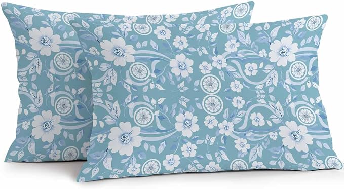 Blue Floral Outdoor Pillow Covers 20x12 Inch Lumbar Pillow Covers Set of 2 Waterproof Decorative Throw Pillow Cases Vintage Pastoral Botanical Leaves Cushion Covers for Patio Furniture Garden Couch