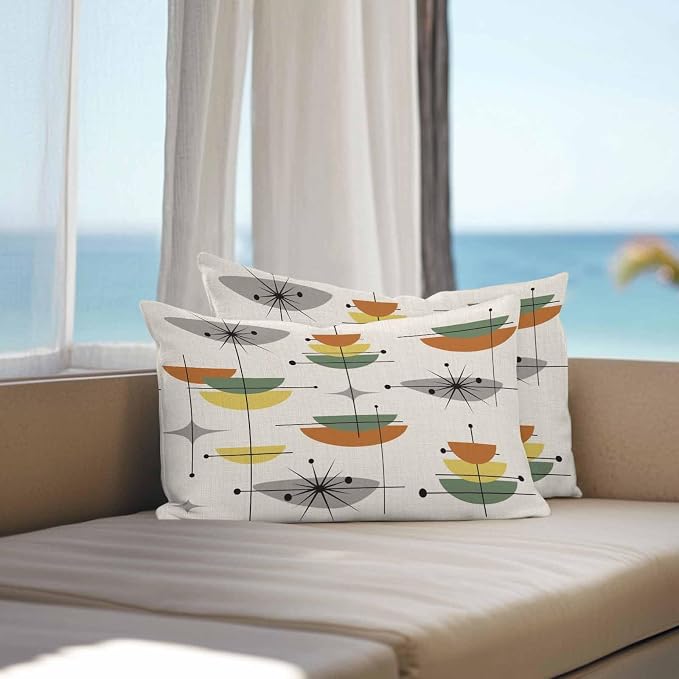 Vandarllin Outdoor Throw Pillows Covers 20x12 inch Set of 2 Waterproof Boho Mid Century Decorative Zippered Cushion Covers for Patio Furniture, Sage Green Yellow Geometric Abstract Lumbar Pillowcases