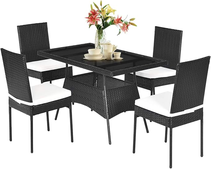 Tangkula 5 Piece Wicker Patio Dining Set, Outdoor Rattan Table & Chairs Set with Tempered Glass Top & Padded Cushions, Patio Furniture Dining Table Set for Balcony Patio Garden Poolside