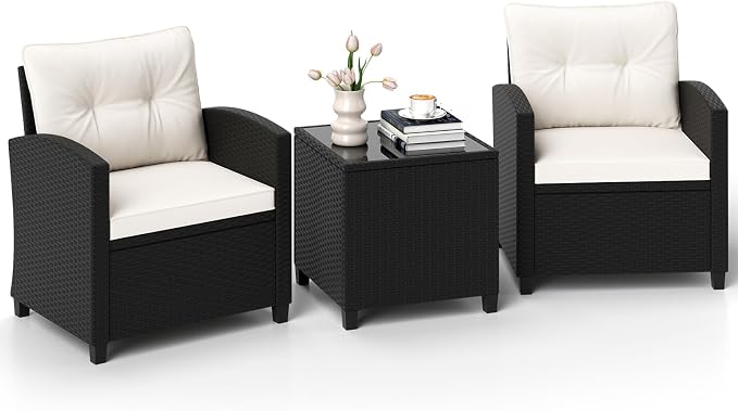 ORALNER 3 Pieces Patio Furniture Set, Wicker Conversation Set Outdoor Chairs with Cushions, Glass Coffee Table, Rattan Bistro Set for Front Porch Balcony Garden Deck Poolside (White)