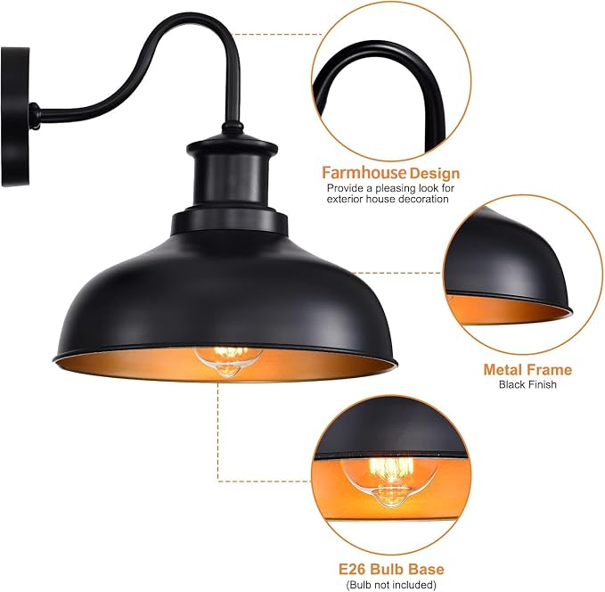 Outdoor Barn Lights, Farmhouse Outdoor Wall Sconces, Rustic Exterior Wall Mount Lights, Vintage Outside Lighting Fixtures, Industrial Black Gold Lanterns for Barn Shed Porch Garage Patio, 2 Pack