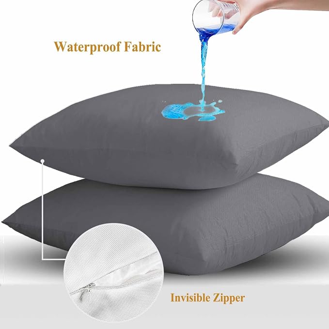 Throw Pillow Covers 16x16 Inch Set of 2, Grey Pure Color Waterproof Outdoor Pillow Covers, Aesthetics Contemporary Luxury Decorative Cushion Pillowcases for Couch, Sofa, Bed, Garden, Patio