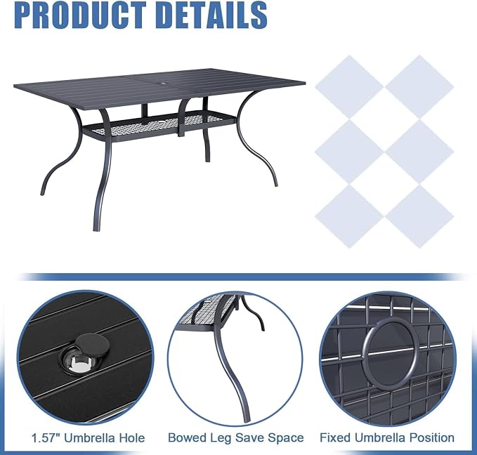 Oakcloud 7-Piece Patio Dining Set with Brown Umbrella, Outdoor Metal Furniture Dining Table Set 6 Stackable Patio Dining Chairs and Rectangle Dining Table with Umbrella Hole