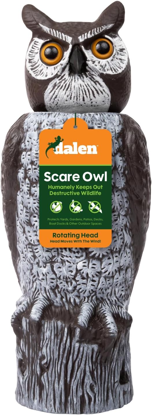 Dalen Large Rotating Head Fake Owl Decoy to Scare Birds Away - 18” Tall - Garden Scarecrow Owl with 360º Rotating Head