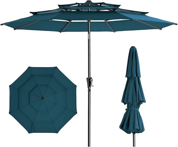 HOMSHADE 9FT 3-Tiers Outdoor Patio Umbrella with 5-Year Fade Resistant,Vented Outdoor Commercial Market Umbrella with UPF50+ UV Protection & Push Button Tilt and Crank for Pool,Backyard(Peacock Blue)