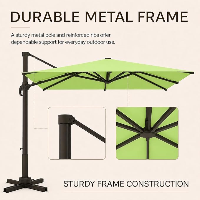 Kingdura 10x10 FT Cantilever Patio Umbrella with Base Included, Large Square Aluminum Offset Outdoor Pool Umbrella, 360° Rotation & 4-Position Tilt, UV Protection for Deck Backyard (Apple green)