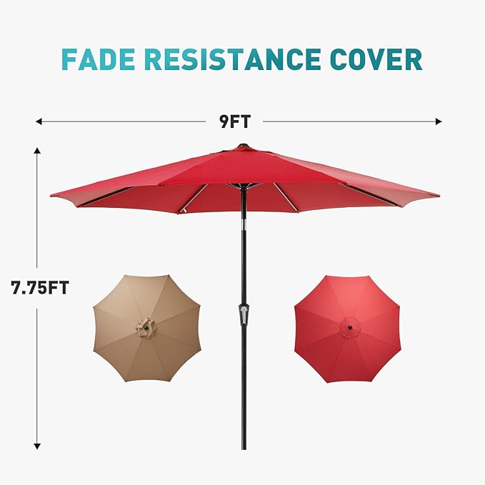 OLIXIS 9FT Patio Table Umbrella with Tilt and Crank Button & 8 Sturdy Ribs Waterproof, 9 Feet Outdoor Patio Umbrella Sun Shade for Pool, Terrace, Beach and Restaurant