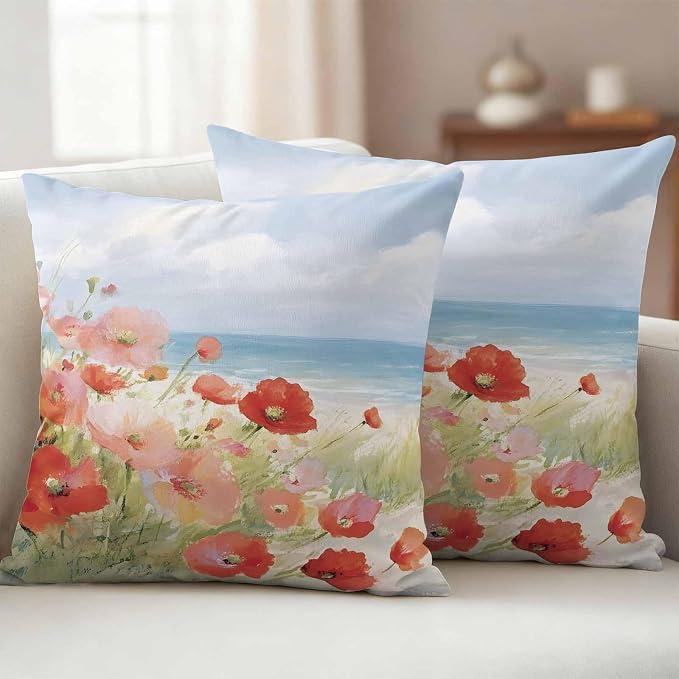 Spring Red Pink Floral Outdoor Pillow Covers 26x26 Inch Throw Pillow Covers Set of 2 Waterproof Decorative Pillow Cases Summer Coastal Beach Wave Ocean Blue Cushion Covers for Patio Furniture Garden