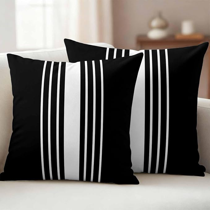 Black White Stripe Outdoor Pillow Covers 18x18 Inch Throw Pillow Covers Set of 2 Waterproof Decorative Pillow Cases Modern Rustic Vertical Striped Cushion Covers for Patio Furniture Garden Couch Sofa