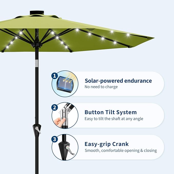 Garvee 9FT Solar Patio Umbrella with 32 LED Lights - Outdoor Table Umbrella with Crank Lift, Push Button Tilt and 8 Sturdy Ribs - Market Umbrella UV Protection for Pool, Deck, Yard, Garden