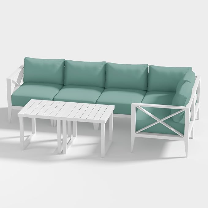 Outdoor Aluminum Patio Furniture Set, 5-Seats Patio Conversation Sofa Set with 1 Corner Sofa and 2 Coffee Tables, All Weather for Pool, Balcony, Garden-White