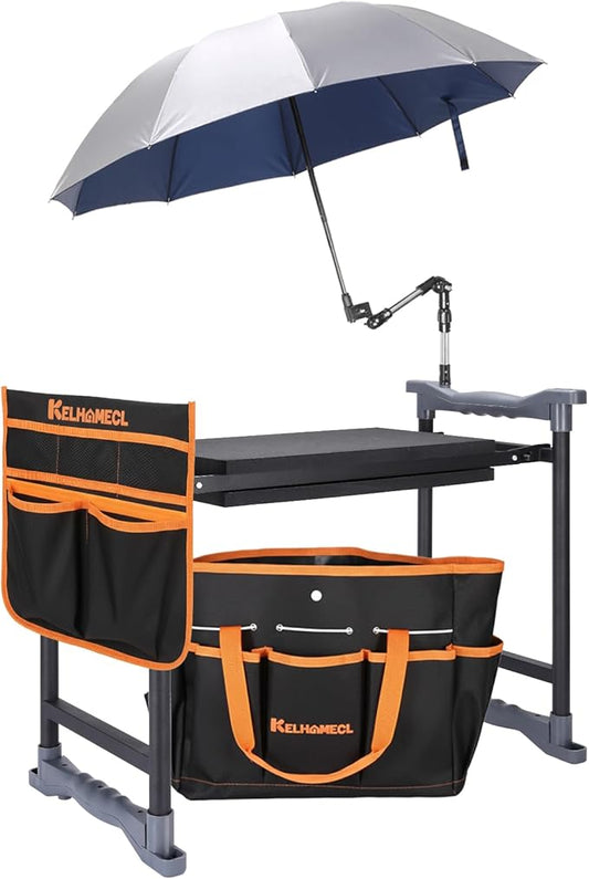 Garden Kneeler and Seat with Umbrella,Heavy Duty Gardening Bench and Stool | 2-in-1 Foldable Gardening Stool with Adjustable Bracket，Detachable Tool Bags，Gardening Gifts for Women Mom Men Seniors