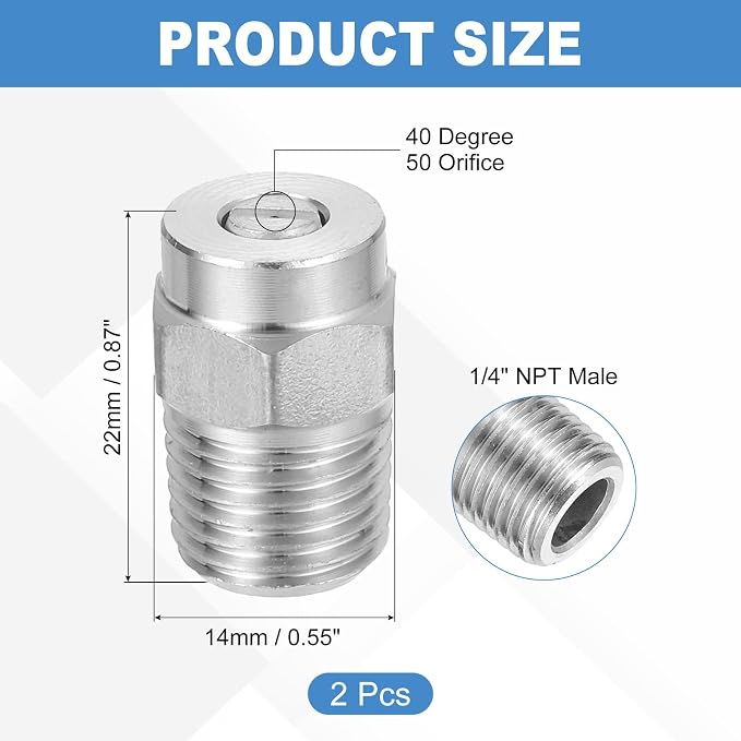 uxcell 2Pcs Pressure Washer Nozzle, Stainless Steel Thread Nozzles Tips, Universal Replacement for Undercarriage Cleaner Water Broom, 1/4 Inch NPT Male, 40 Degree 050 Orifice