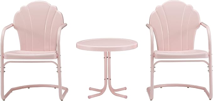 Crosley Furniture Tulip 3-Piece Outdoor Chair and Side Table Set, Retro Metal Patio Conversation Sets, Pink