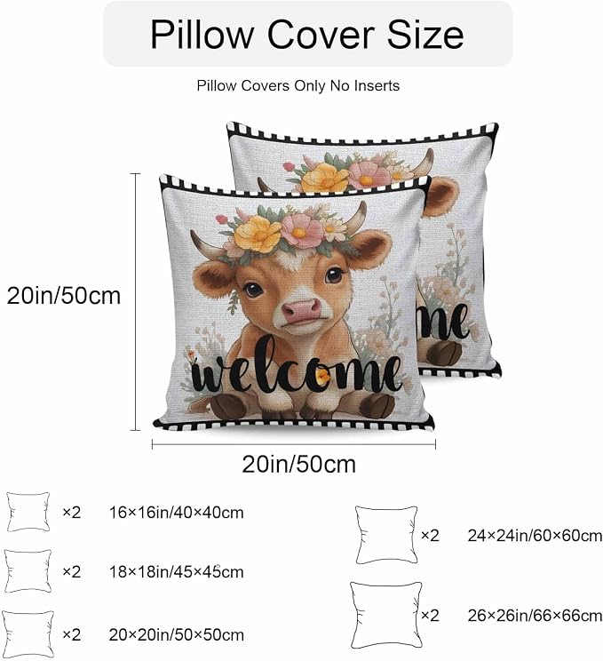 Funny Cow Outdoor Pillow Covers 24x24 Inch Throw Pillow Covers Set of 2 Waterproof Decorative Pillow Cases Cute Animal Flowers Wreath Welcome Text Black Gray Cushion Covers for Patio Furniture Garden