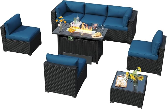 LazySunsets 8 Piece Outdoor Patio Furniture Set with 44'' Fire Pit Table, Outdoor Patio Furniture Set with Thicken Cushion, Wicker Rattan Outdoor Conversation Set for Backyard & Garden, Peacock Blue