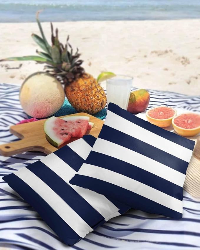Custom Bed USA Nautical Stripe Outdoor Waterproof Throw Pillow Covers, Decorative Pillowcases Polyester Cushion Covers for Garden Patio Tent Sofa Couch Pack of 2 18x18 inch, Navy Blue White Stripes