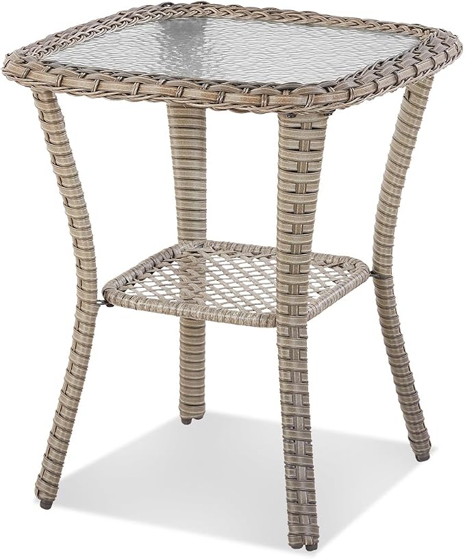 Patio Tables Wicker Side Table, Square Rattan Coffee End Table Outdoor with Storage, Tempered Glass Top Patio Side Tables for Deck Porch Sunroom Backyard