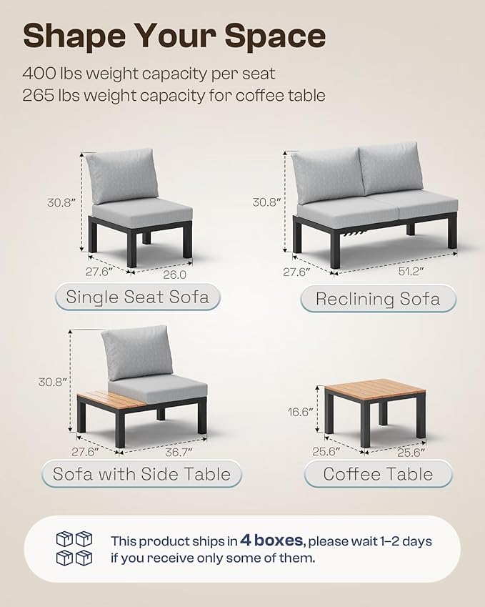 Aluminum Modular Outdoor Patio Furniture Set, 6 Seats Sectional Sofa Set with Adjustable Backrest & Thick Cushions, All-Weather L-Shaped Corner Set with Table for Garden & Yard, Gray