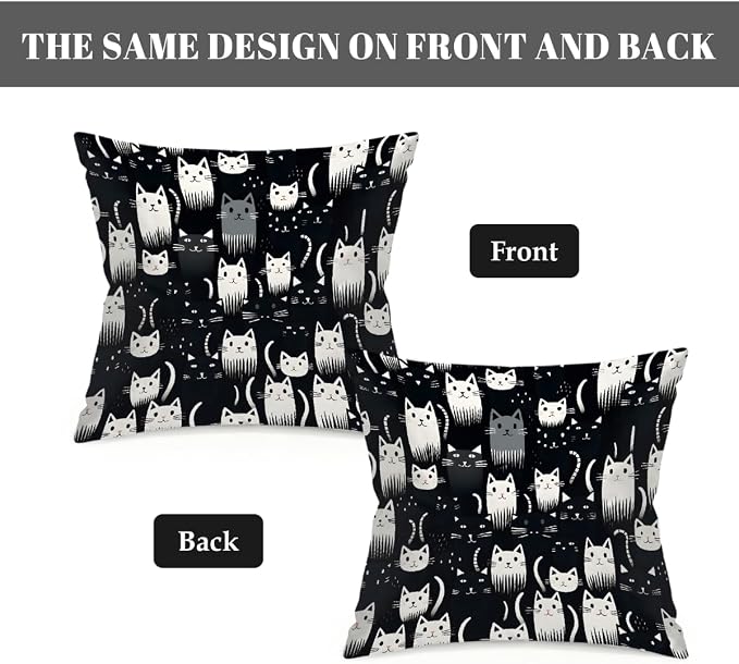 20x20 Inch Outdoor Pillow Covers Set of 2 Waterproof Throw Pillow Covers Decorative Couch Cushion Covers Cats Black White Square Pillowcases Protectors for Patio Garden Sofa