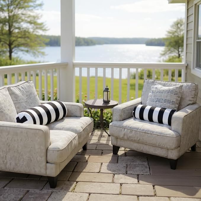 RSH Décor Indoor/Outdoor Bolster Pillow Set of 2 – 20” x 6” Black & White Stripe Neck & Lumbar Support Cushions, Weather-Resistant Polyester, Decorative Roll Pillows for Patio or Sofa