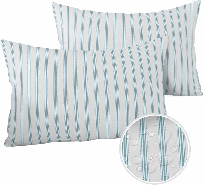 Outdoor Waterproof Throw Pillow Covers Set of 2 Teal Stripes Lumbar Pillowcases 20x12 Inches Simple Style Patio Decorative Pillows Cushion Case Patio Pillows for Couch Bed Chair Garden
