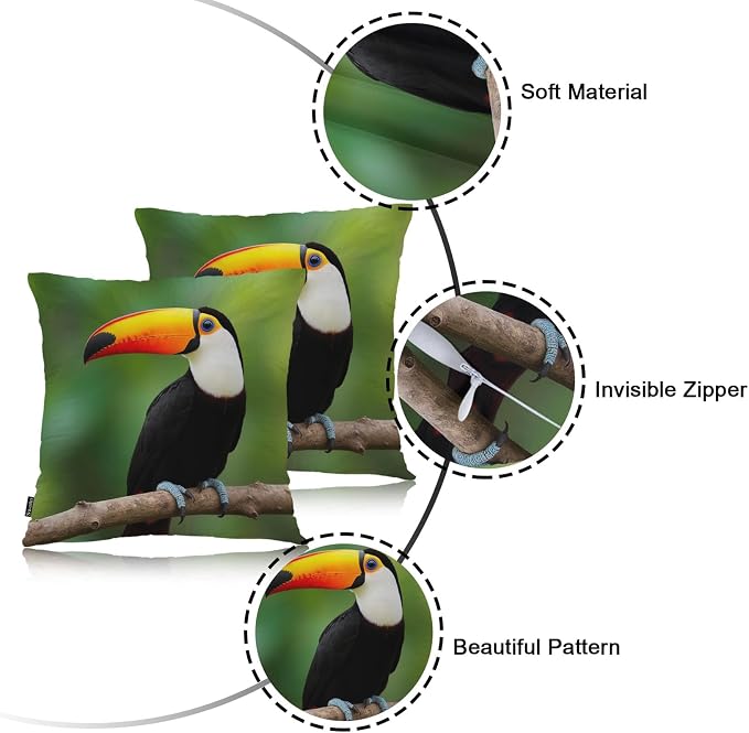 Swono Toucan Decorative Throw Pillow Case 18" X 18", Tropical Bird Toucan On Tree Branch Standard Pillow Covers, Set of 2 Throw Pillowcase Cushion Covers for Couch Chair Bedroom Sofa Car Seats