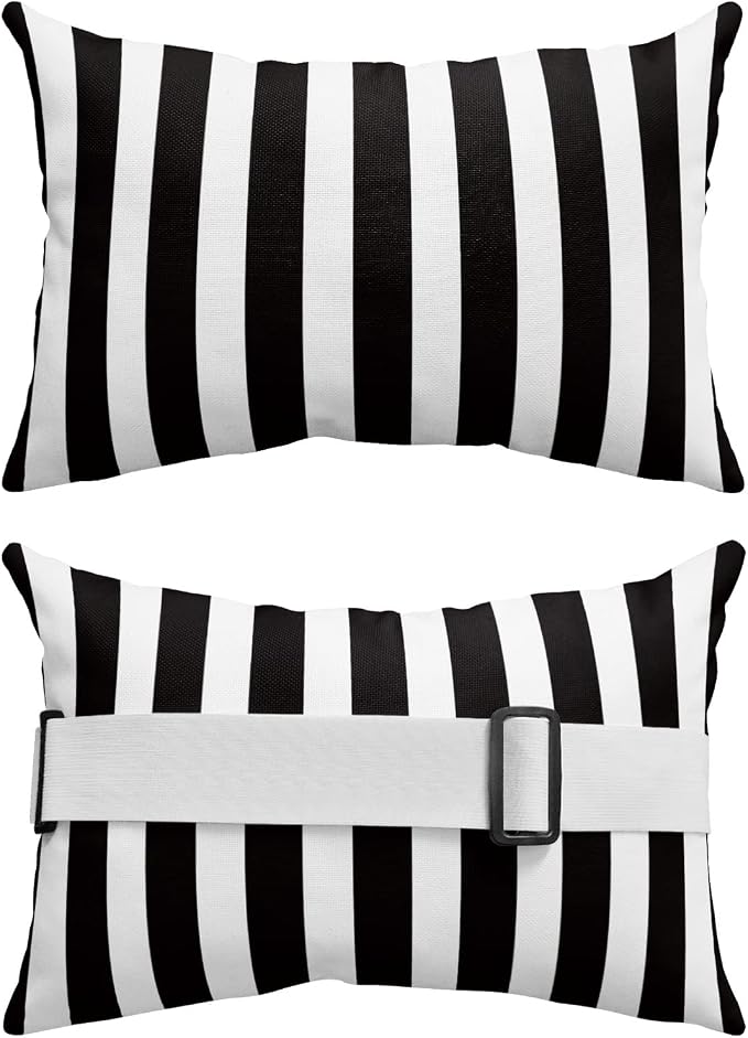 DecorLovee Black Striped Outdoor Recliner Pillows for Head, Farmhouse Waterproof Chair Pillow with Elastic Stripe, Black White Stripes Chaise Lounge Headrest Pillow for Patio/Beach/Pool 1Pack, 11"x16"