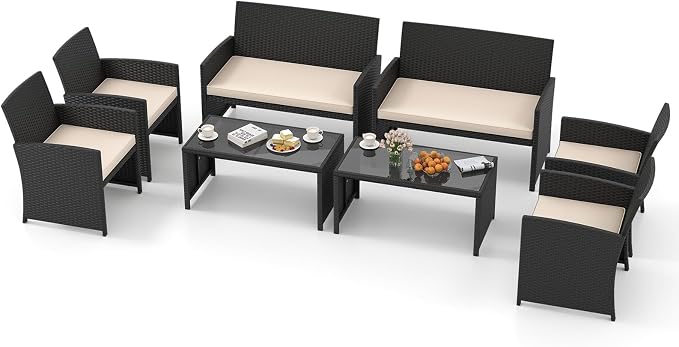 Tangkula 8 Pieces Patio Wicker Furniture Set, Outdoor Heavy Duty Rattan Cushioned Chairs, Loveseat and Tempered Glass Coffee Table, for Backyard, Balcony, Poolside (2, Off White)