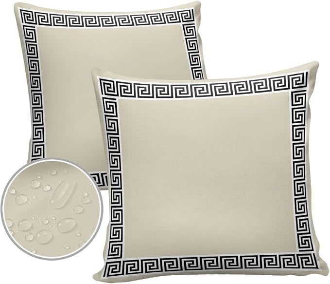 Prime Leader Outdoor Waterproof Pillow Covers Set of 2, Chinese Style Pattern Khaki Background Patio Throw Pillow Covers, Decorative Cushion Case for Couch Sofa Furniture Garden, 18x18 Inch