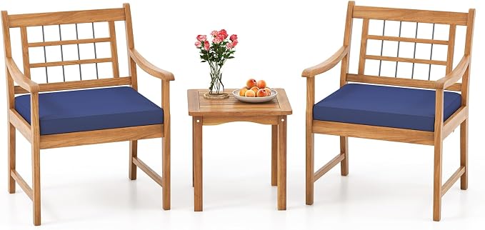 HAPPYGRILL 3 Piece Acacia Wood Patio Conversation Set, Outdoor Bistro Set with Cushions, Solid Wood Frame, 2 Armchairs & Coffee Table Set for Backyard, Porch, Poolside (Navy)