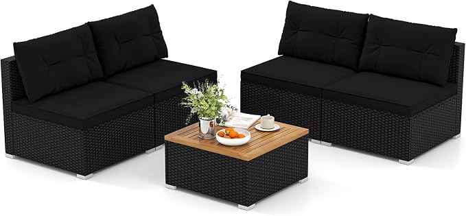 HAPPYGRILL 5 Pieces Patio Rattan Sofa Set, Outdoor Furniture Set with Seat & Back Cushions, Square Coffee Table with Acacia Wood Tabletop, Wicker Patio Conversation Set, Black