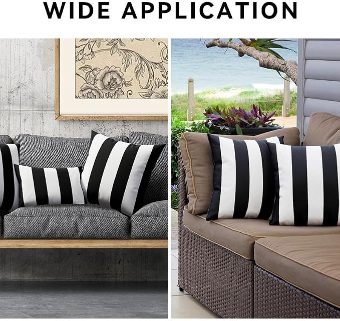 Pack of 2 Outdoor Waterproof Striped Pillow Covers Decorative Throw Covers | 18x18, Black and White, Garden Cushion Covers, Farmhouse Pillowcases for Couch Sofa Patio Tent Balcony