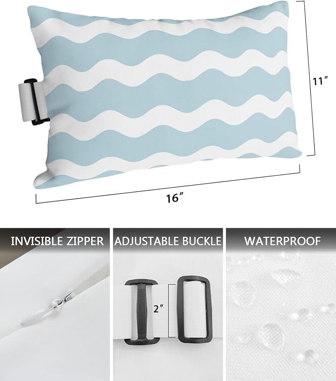 Outdoor Pillows Covers with Inserts SkyBlue Sea Wave Ripple Waterproof Recliner Pillow with Adjustable Strap Throw Pillows for Patio Furniture Pool Lounge Chair, 11x16 inch, 1PCS