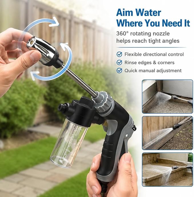 Hose Hawk Pro Pressure Washer Gun Professional Water Handheld Power Washer Gun with 360° Rotating Nozzless, 4 Spray Modes Multi Function for Cleaning Yard Car Driveways (Grey+15m Water Pipe)