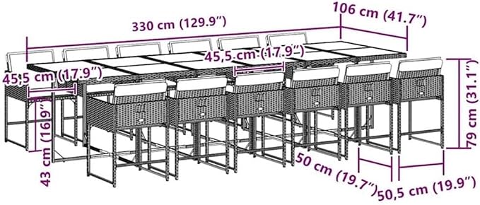 Afuera Living 13 Piece Steel Garden Dining Set, Black Powder-Coated Finish, Rectangular Table with 12 Chairs and Cushions, UV-Resistant, Outdoor Patio or Balcony Use, 129.9 x 41.7 x 28.7 Inches