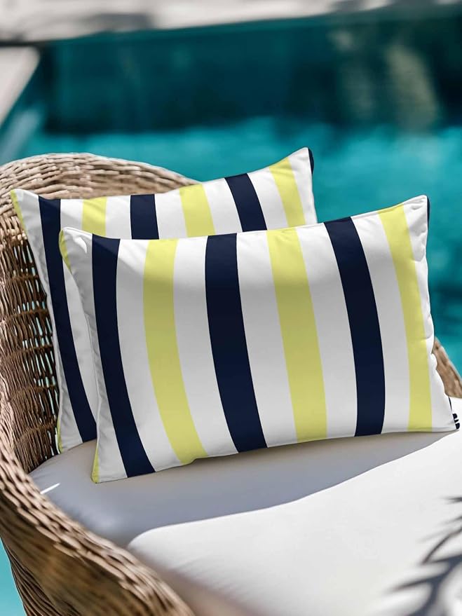 Outdoor Pillows Waterproof, Yellow Navy Blue Striped Bedding Throw Pillows with Insert for Couch Sofa Bed, Farmhouse Stripe Art 12x20 Inch Pillowcases Decorative Camping Patio Pillow Set of 2