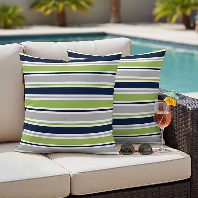 Outdoor Pillow Covers 24 x 24 Inches, Green Gray Striped Waterproof Throw Pillow Cover Set of 2, Farmhouse Stripes Modern Abstract Art Decorative Square Cushion Covers for Patio/Couch/Garden
