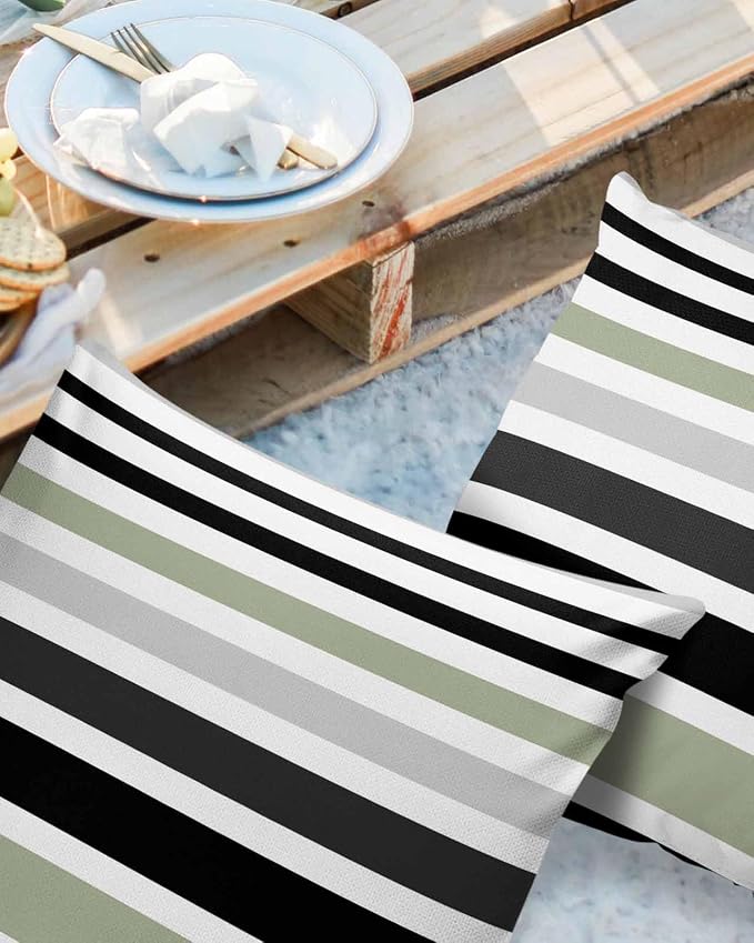 Modern Sage Green Black White Grey Stripes Outdoor Pillow Covers 20x20in Pack of 2 Waterproof Pillowcase Simple Lines Decorative Throw Cushion Case for Patio Couch Sofa