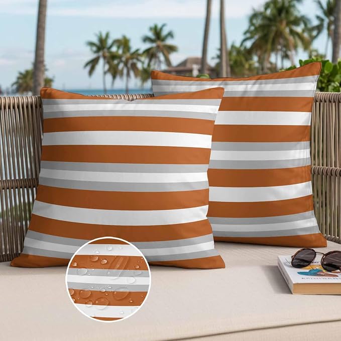 Throw Pillow Covers 26x26 Inch Set of 2, Burnt Orange Grey Stripe Waterproof Outdoor Pillow Covers, Minimalist Farmhouse Striped Decorative Cushion Pillowcases for Couch, Sofa, Bed, Garden, Patio