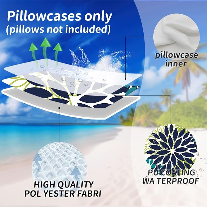 DFXSZ Outdoor Waterproof Pillow Covers 20x20 Set of 2 NavyBlue Green Flower | Spring Summer Waterproof Flower Throw Pillowcases（No Inserts）Outdoor Decor for Patio Funiture Garden Polyester Covers