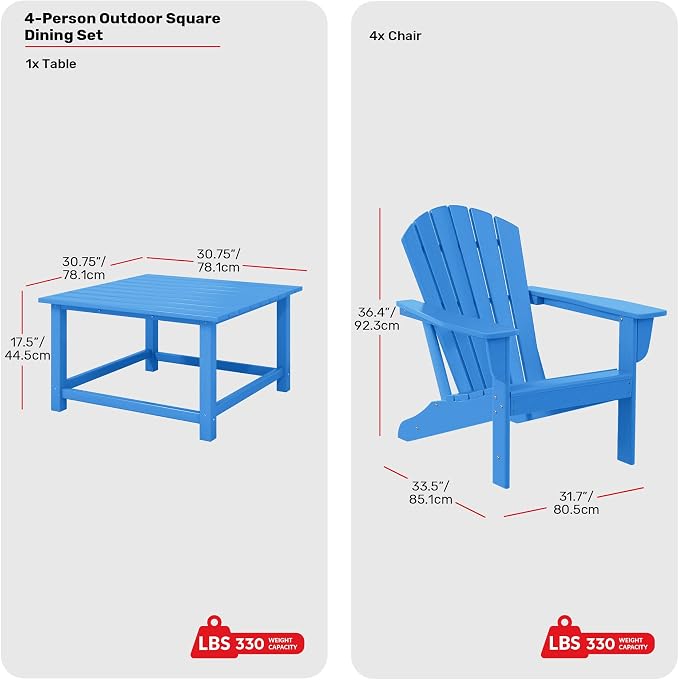 Costaelm Patio Conversation Set, Patio Chairs Set of 5 Balcony Firepit Furniture Outdoor Adirondack Square Table and Chair Backyard Furniture Set for Lawn Porch Pool Garden, Pacific Blue